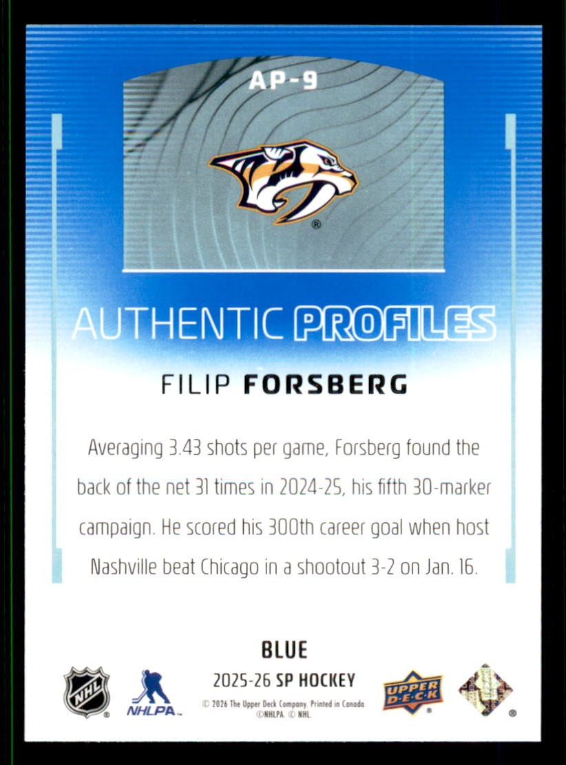 2025-26 SP Authentic Profiles Blue #AP-9 Filip Forsberg Nashville Predators