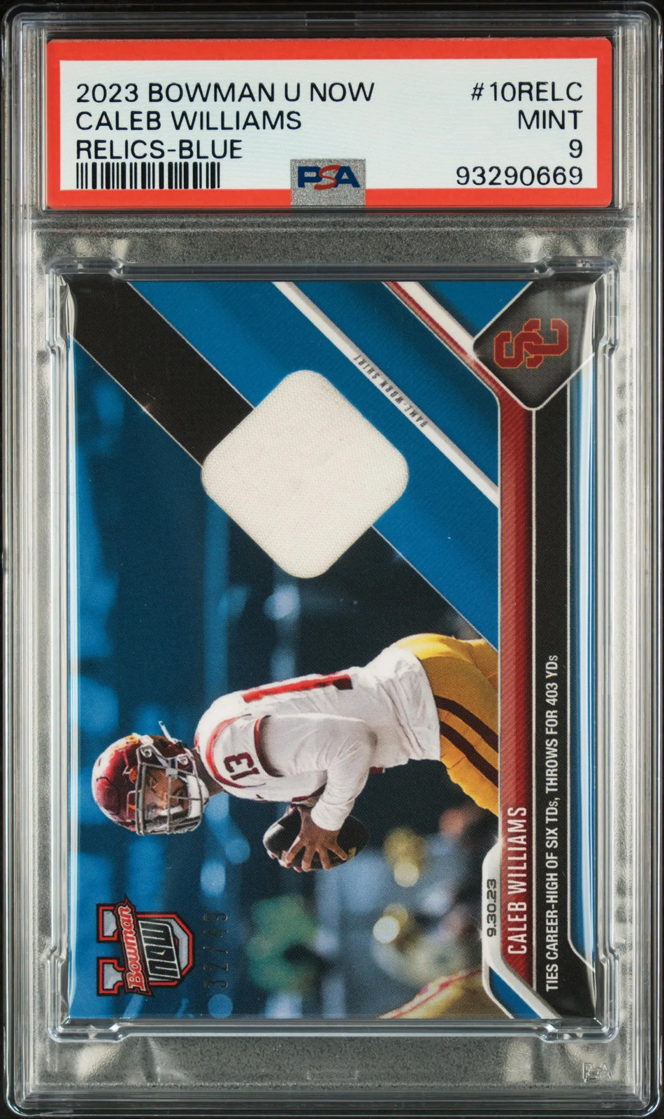 2023 Bowman U Now Relics Caleb Williams Blue #10RELC PSA 9
