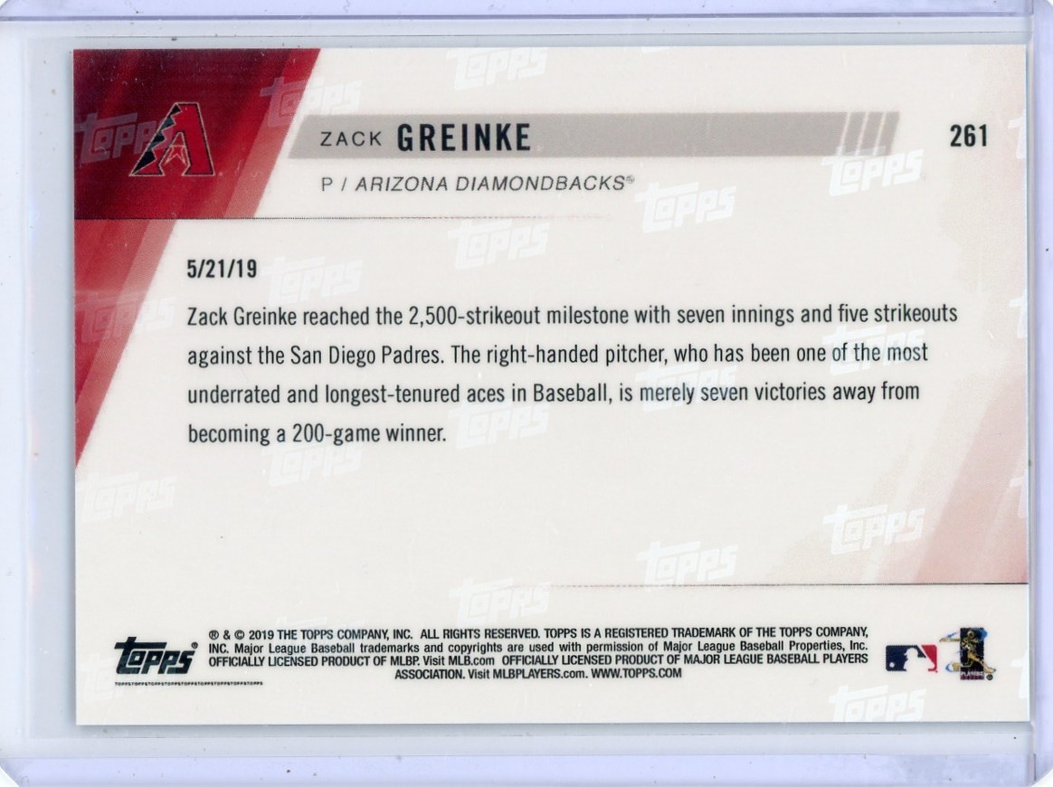 2019 Topps Now Zack Greinke Diamondbacks May 21st Reaches 2500 K’s P/R: 181 SSP
