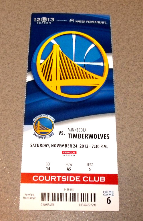 Golden State Warriors 11/24/2012 Ticket vs Minnesota Steph Curry 20pts Klay 24pt