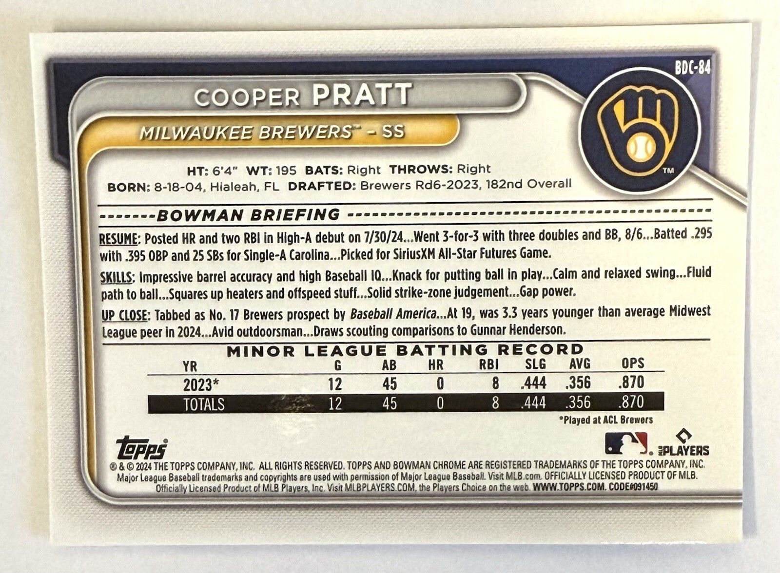 2024 Bowman Chrome Draft #BDC84 Cooper Pratt