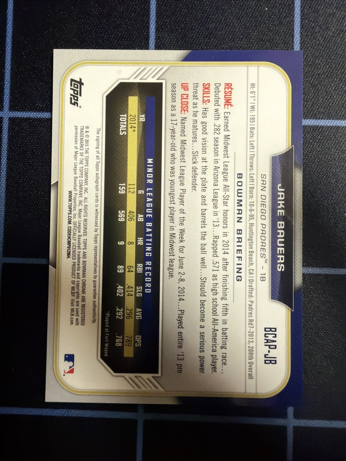 2015 Bowman – Chrome Prospects Autographs Jake Bauers #BCAP-JB (AU, RC)