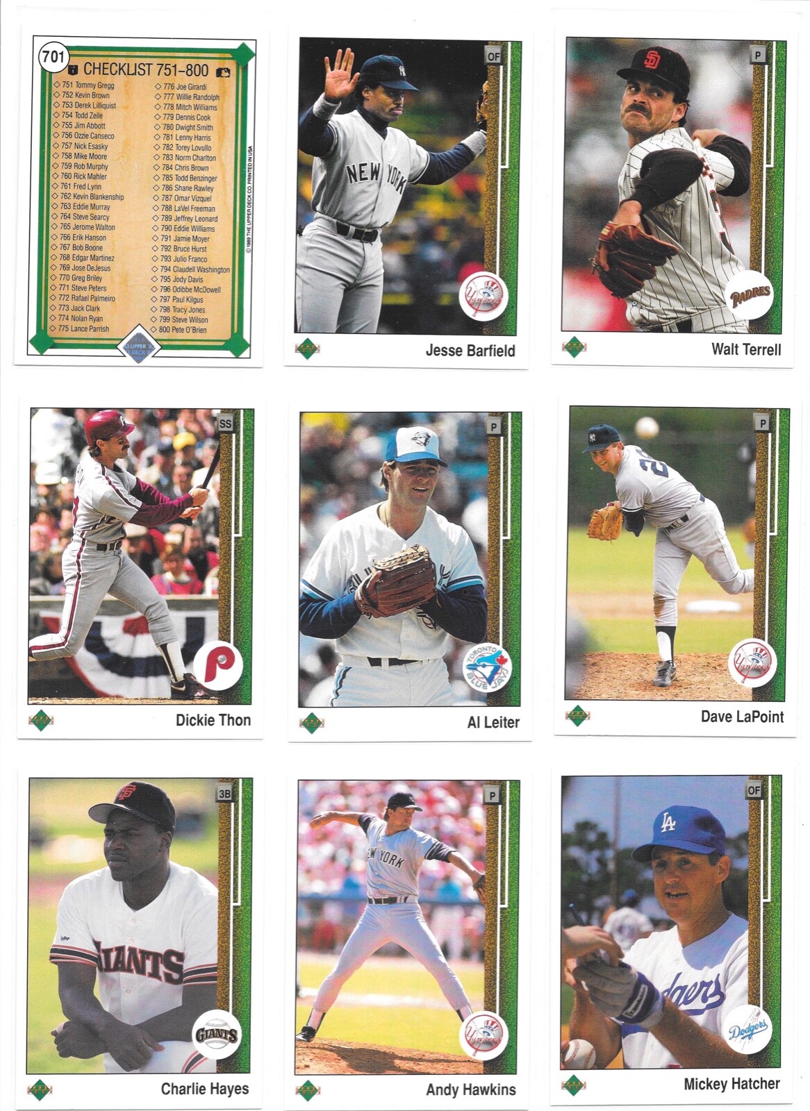 1989 Upper Deck High # Series Baseball Trading Cards #s 701-800 / Choose / mb29