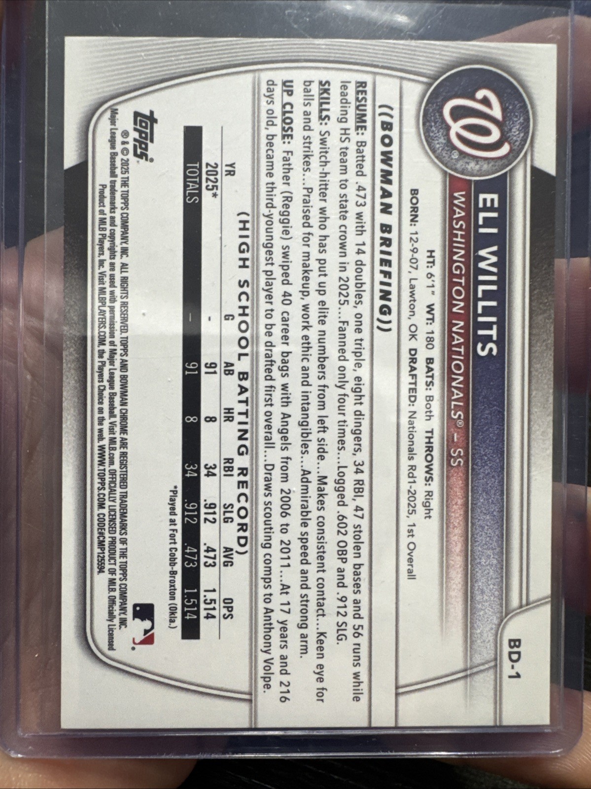 2025 Bowman Draft Eli Willits #BD-1 1st Bowman Sky Blue /499