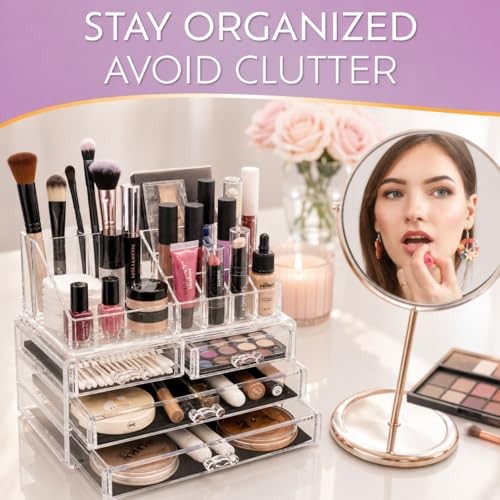 Brookstone Makeup Organizer Countertop, Cosmetic Clear 1 Pack Case with Drawers