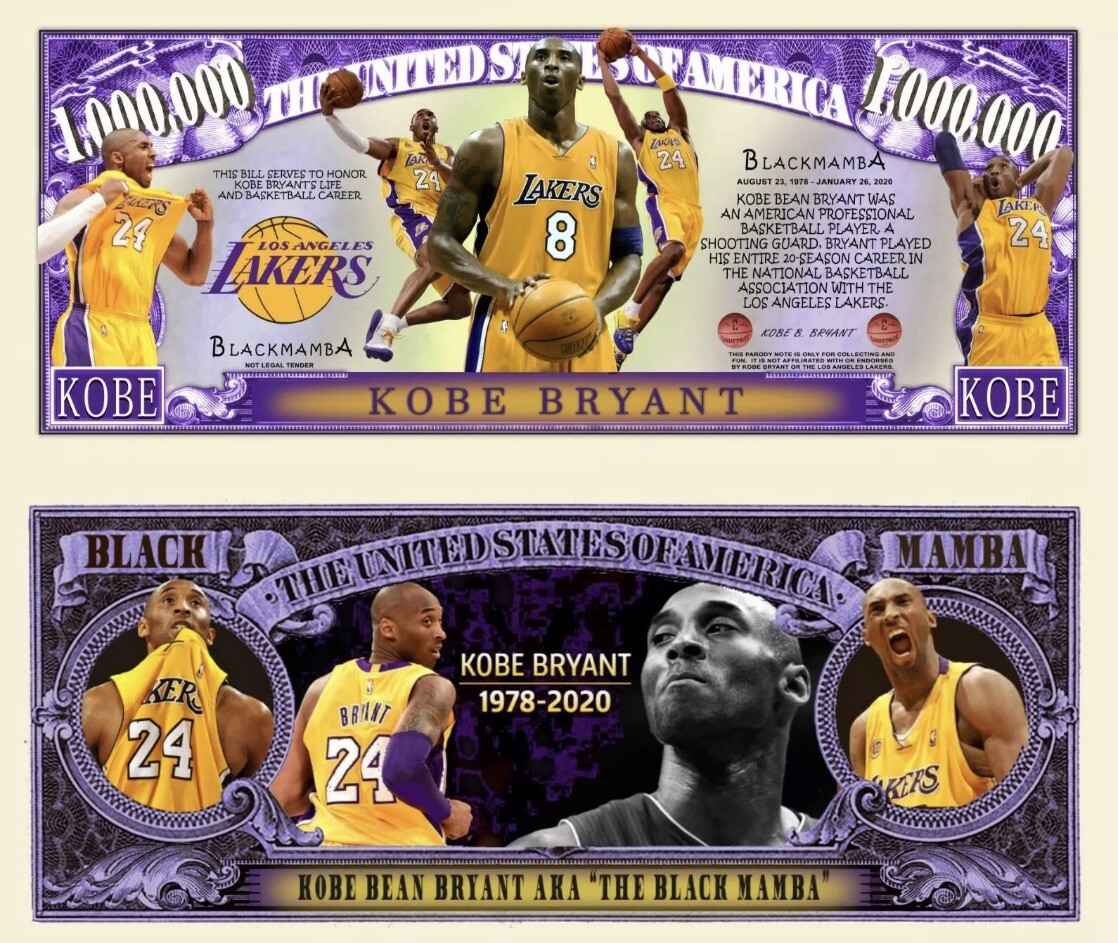 5 Pack Kobe Bryant LA Lakers Money NBA Basketball Collectible 1 Million Banknote