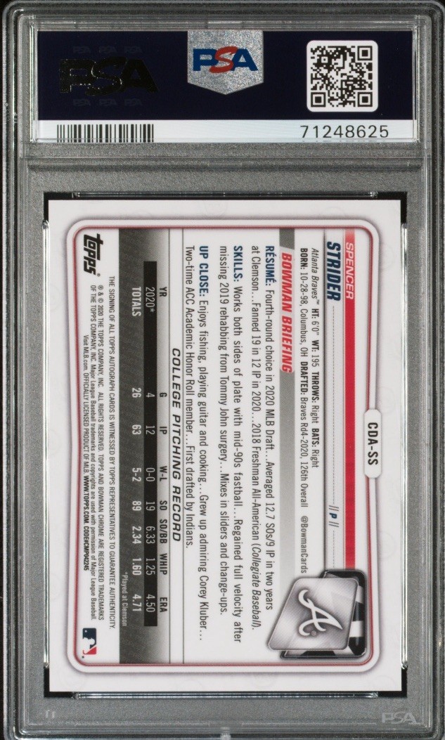 2020 SPENCER STRIDER Bowman Chrome Draft Purple Refractor 1st Auto #/250 PSA 9