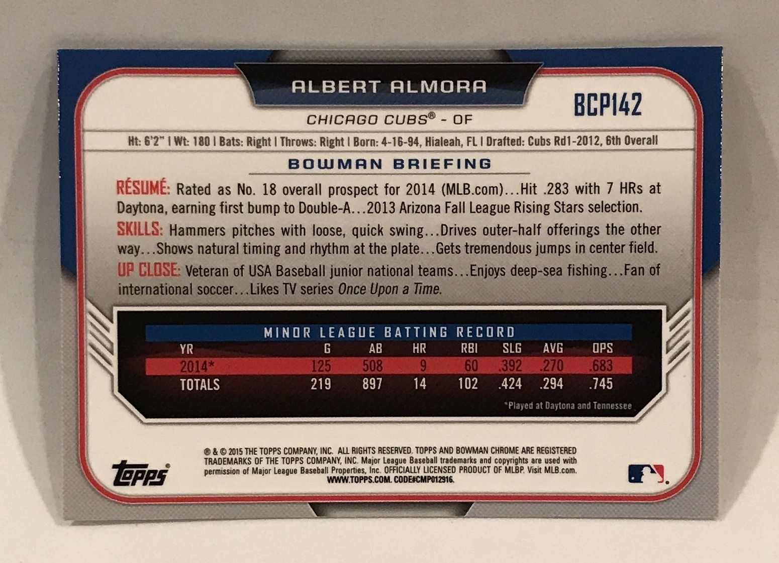 2015 BOWMAN CHROME BASEBALL PROSPECT ALBERT ALMORA ROOKIE CARD #BCP142 CUBS MINT