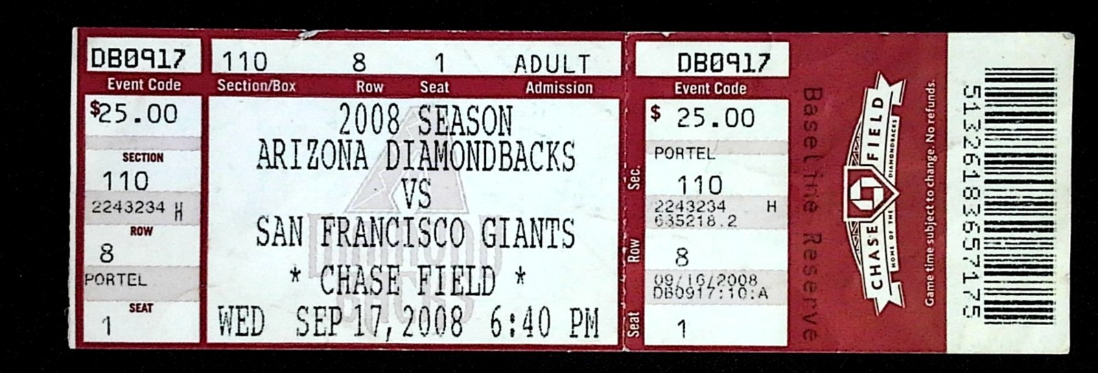 Arizona Diamondbacks vs San Francisco Giants Ticket Stub Webb Win 9/17/2008