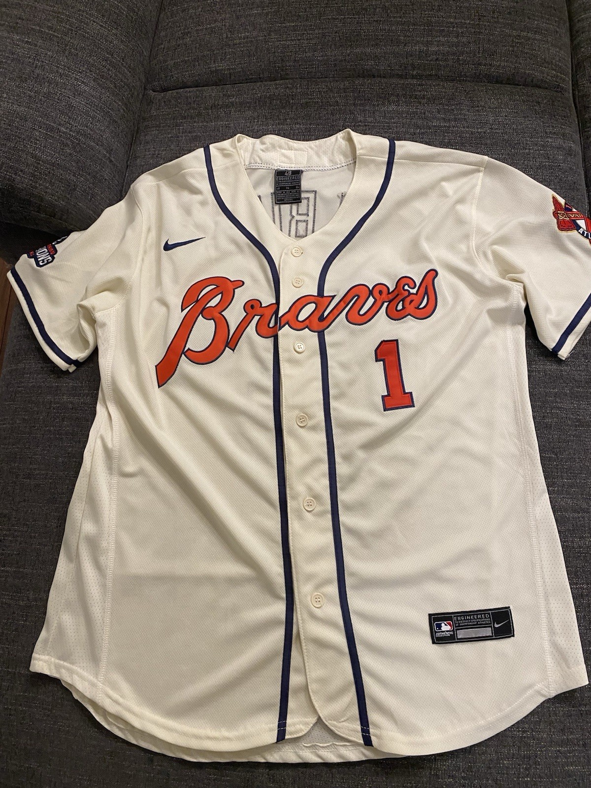 Nike Authentic Atlanta Braves Ozzie Albies Cream Jersey Size 48 XL Dual Patch