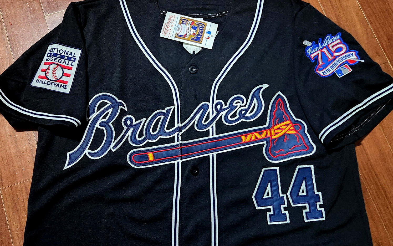 NEW Atlanta Braves #44 Hank Aaron 715HR Dual Patch Stitched LIMITED Jersey BLACK