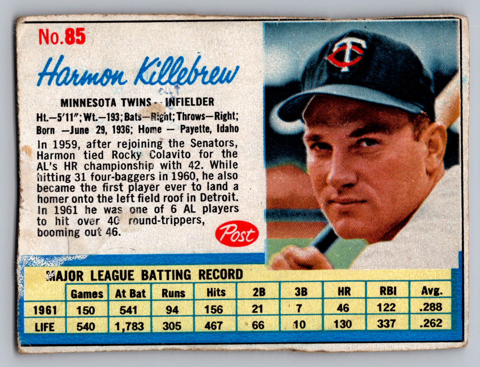 1962 POST #85 HARMON KILLEBREW TWINS