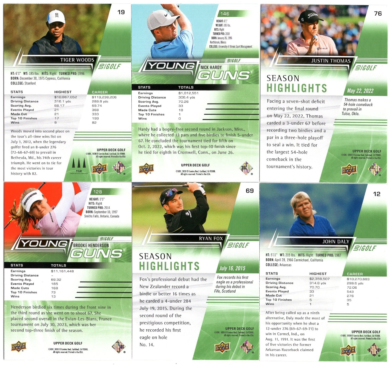 2024 Upper Deck Golf PGA Trading Cards – Base + Young Guns – You Pick!