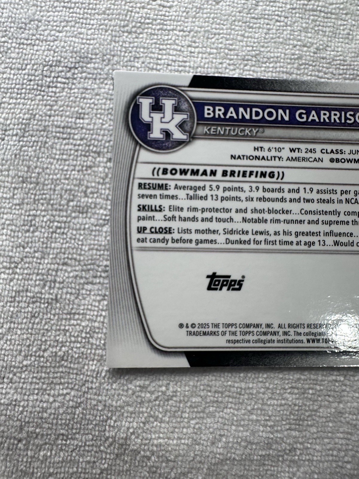 Brandon Garrison Navy Mojo Refractor /175 #BCP-97 25-26 Bowman Chrome – Kentucky
