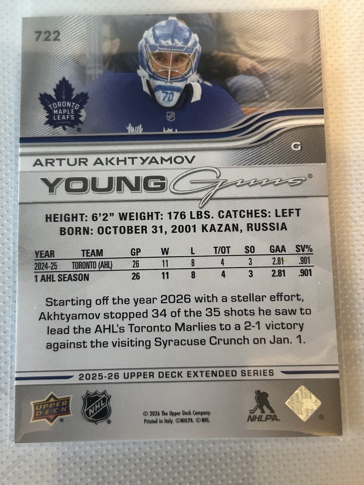 2025-26 Upper Deck Extended Series Artur Akhtyamov #722 Young Guns