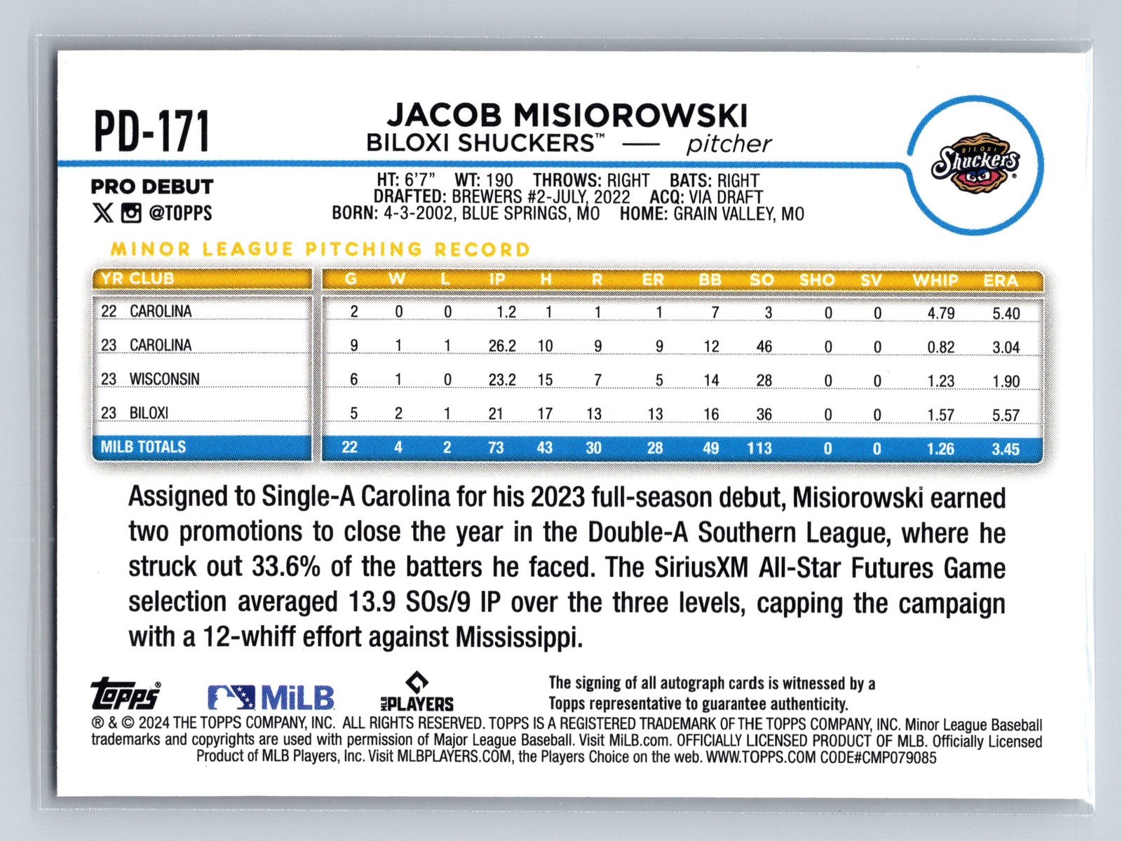 Jacob Misiorowski 2024 Topps Pro Debut SN, AU #PD-171 #/150