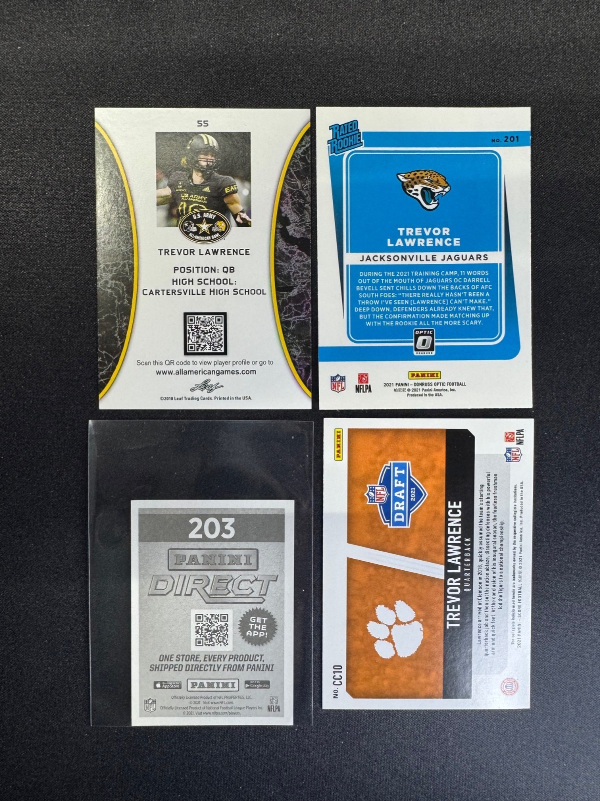 (4) Trevor Lawrence RC Leaf Army Score Optic Rated Rookie Sticker & Card Jaguars