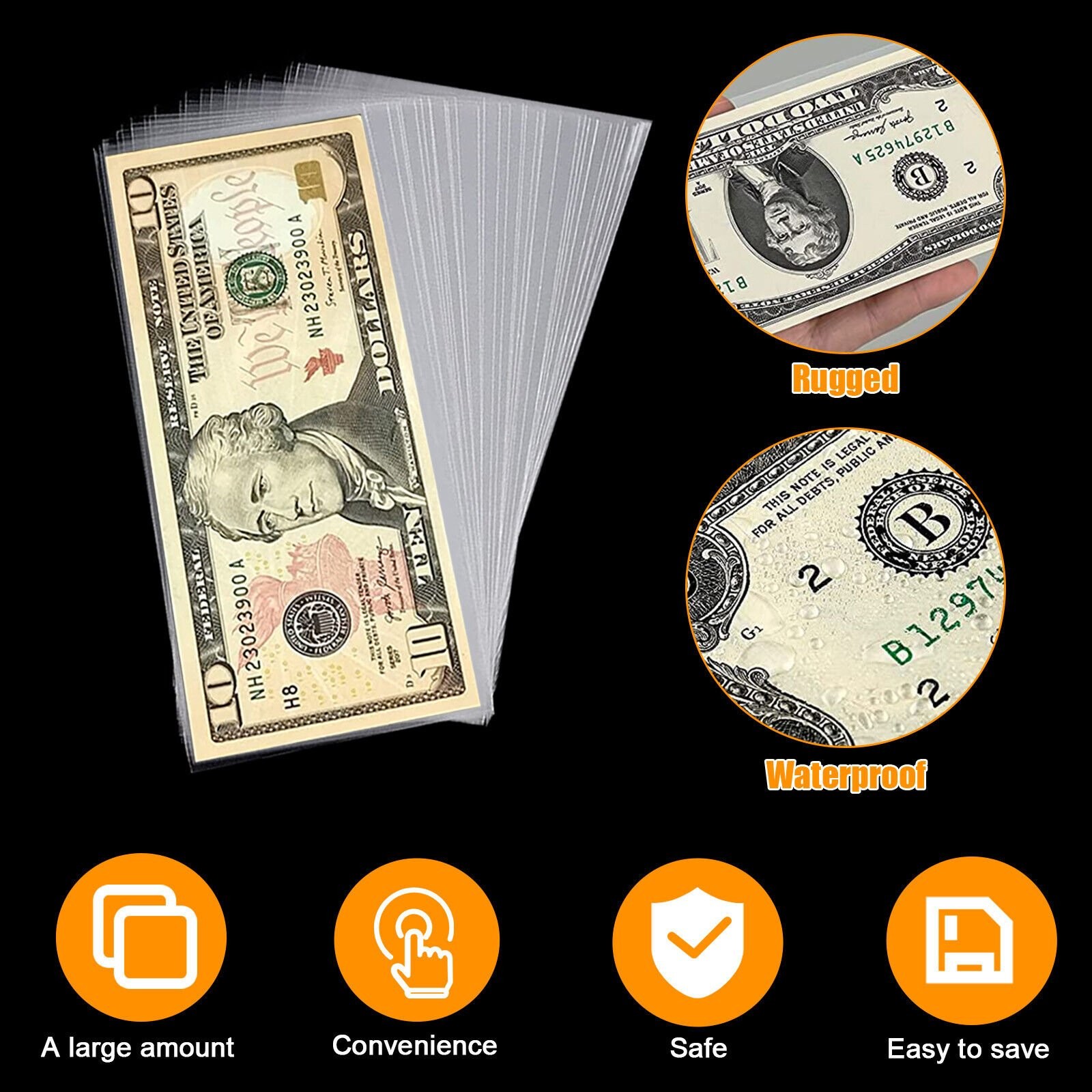 200pcs Currency Sleeves, Clear Dollar Holder Banknote Protector for Paper Money