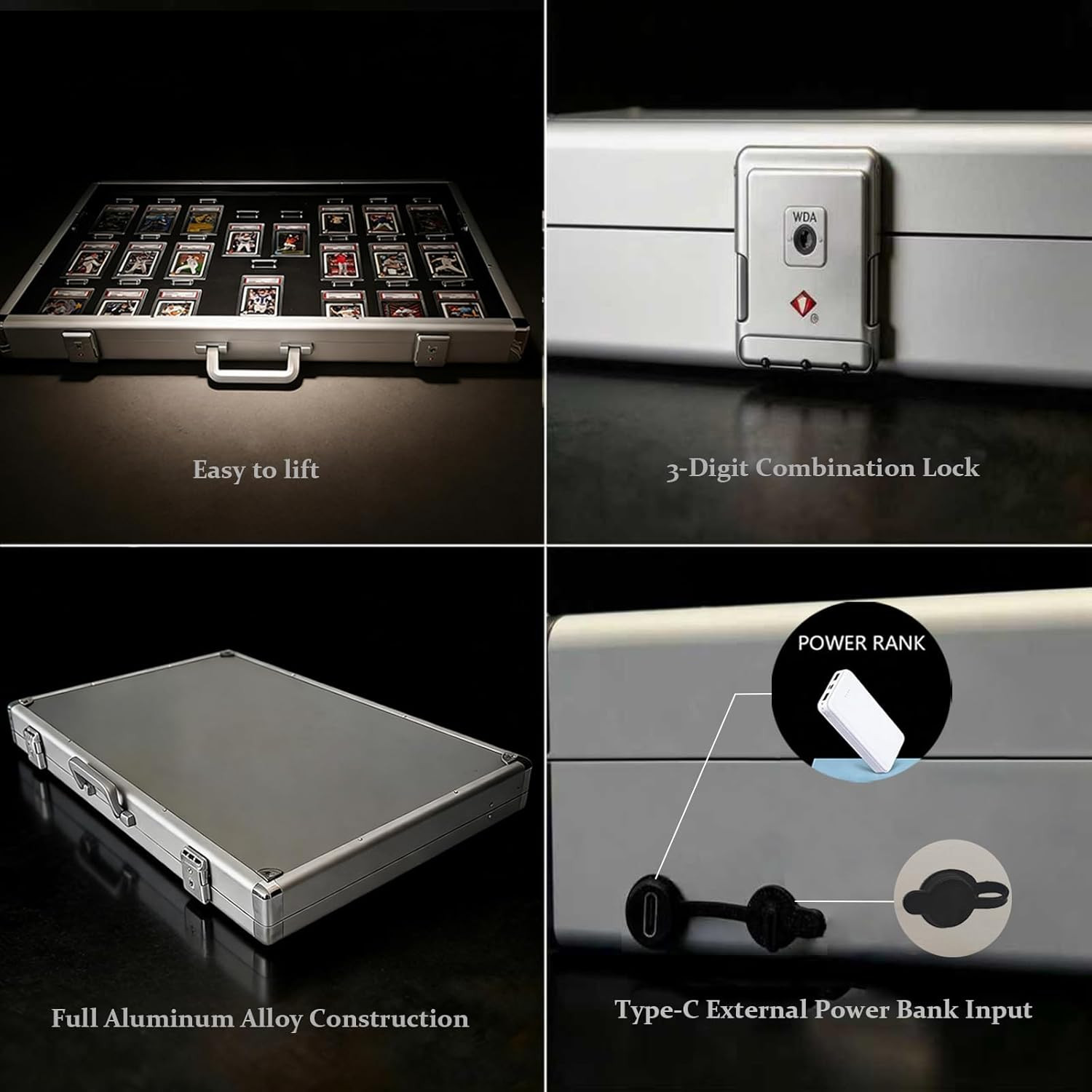 Large Lockable Aluminum Display Case with LED Lights for Trading Cards