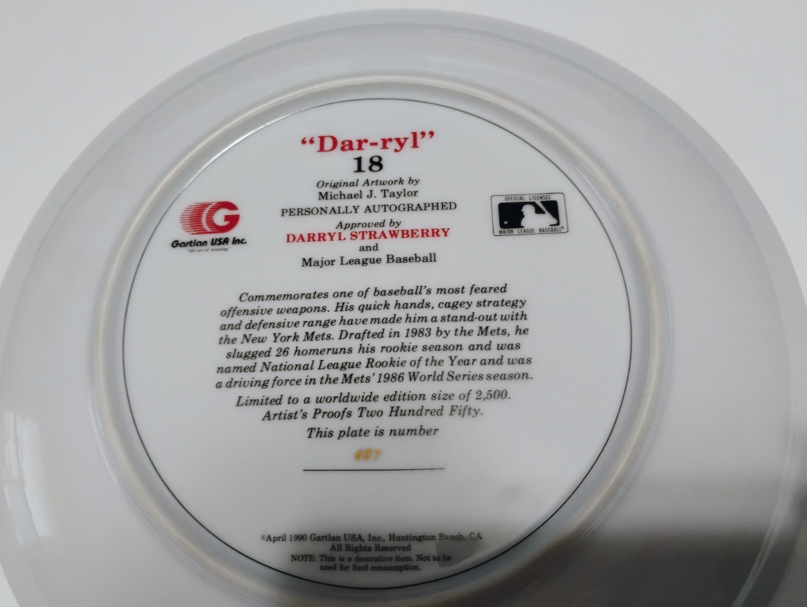 Darryl Strawberry signed Gartlan plate /2500 auto autograph New York Mets
