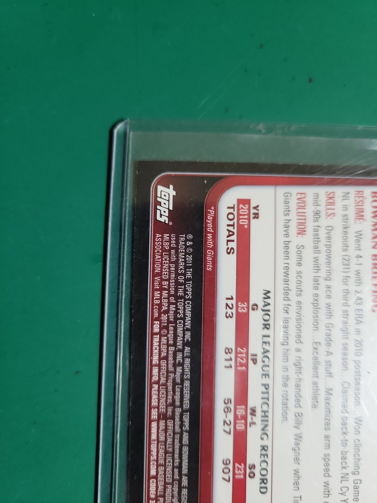2011 Bowman Baseball Paper Orange Tim Lincecum 175/250