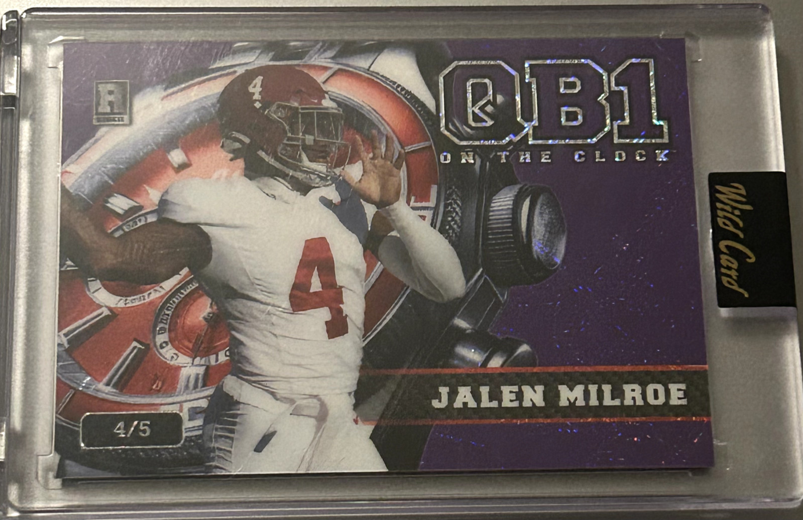 JALEN MILROE RC 2024 WILD CARD QB1 ON THE CLOCK PURPLE ROOKIE SP 4/5