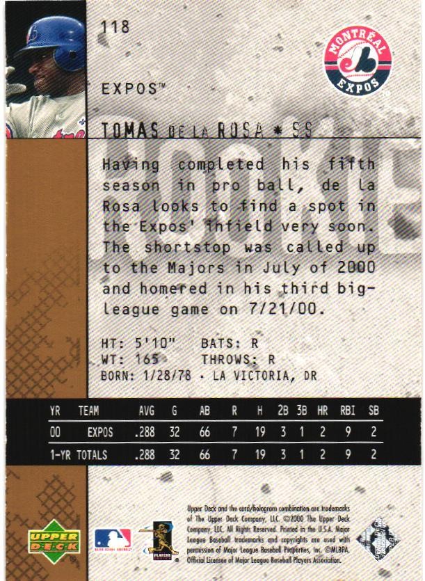2000 Upper Deck Black Diamond Rookie Edition #118 Tomas De La Rosa #/1000