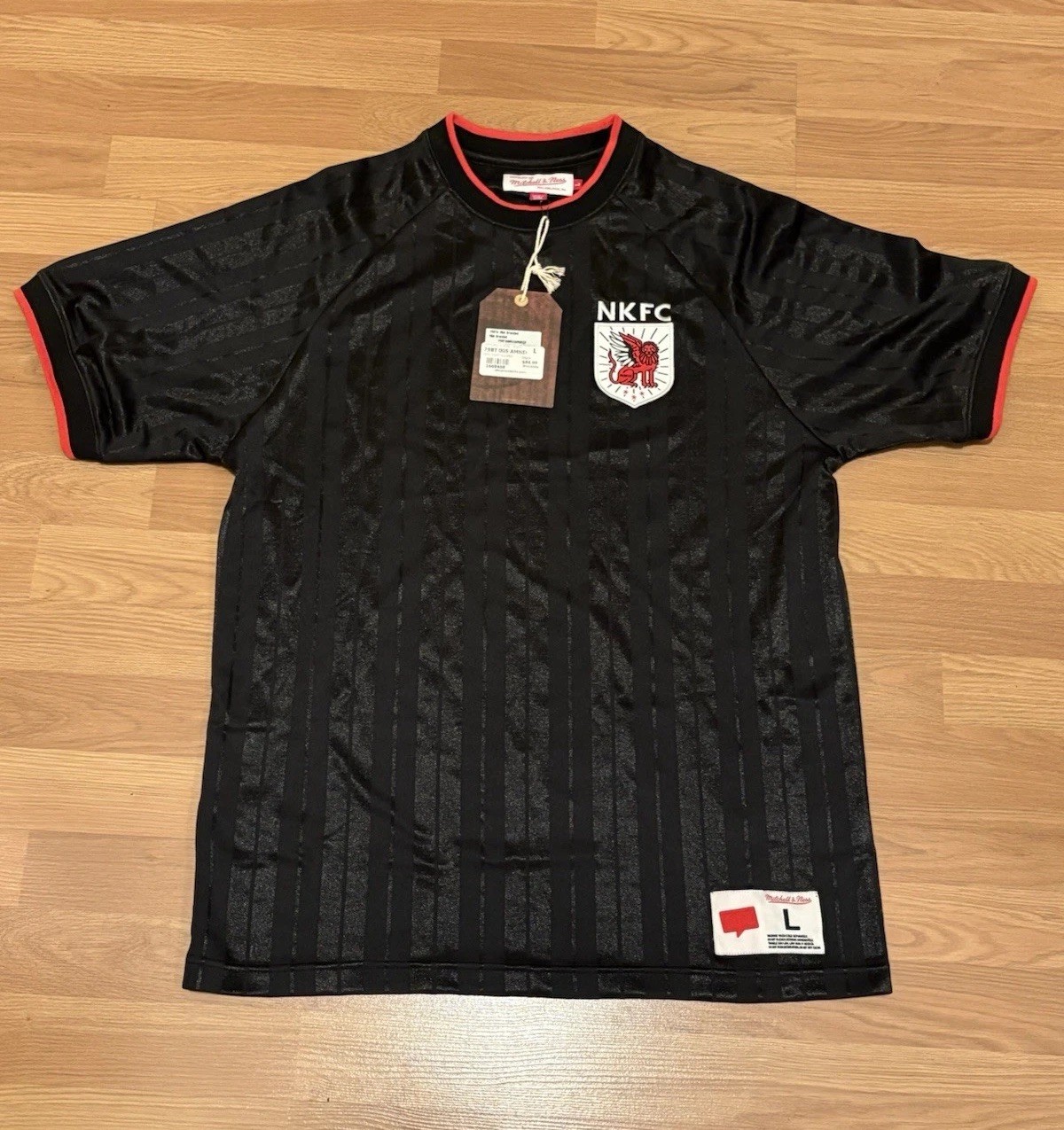 NWT Mitchell & Ness Jersey Soccer NKFC Patch LARGE Black Stripe Red