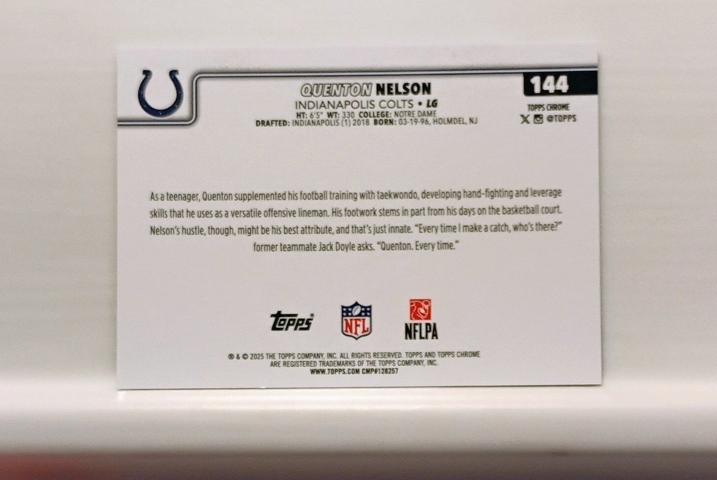 Quenton Nelson White Refractor #/30 Color Match SSP – 2025 Topps Chrome #144