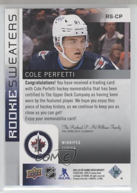 2021 Upper Deck SP Game Used Rookie Sweaters /249 Cole Perfetti #RS-CP RC 14sr