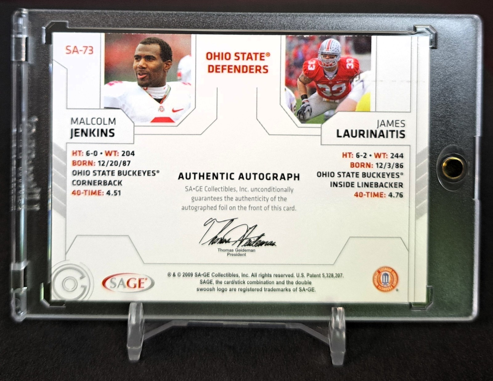 2009 Sage Squared JAMES LAURINAITIS MALCOLM JENKINS DUAL AUTO RC SP Ohio State