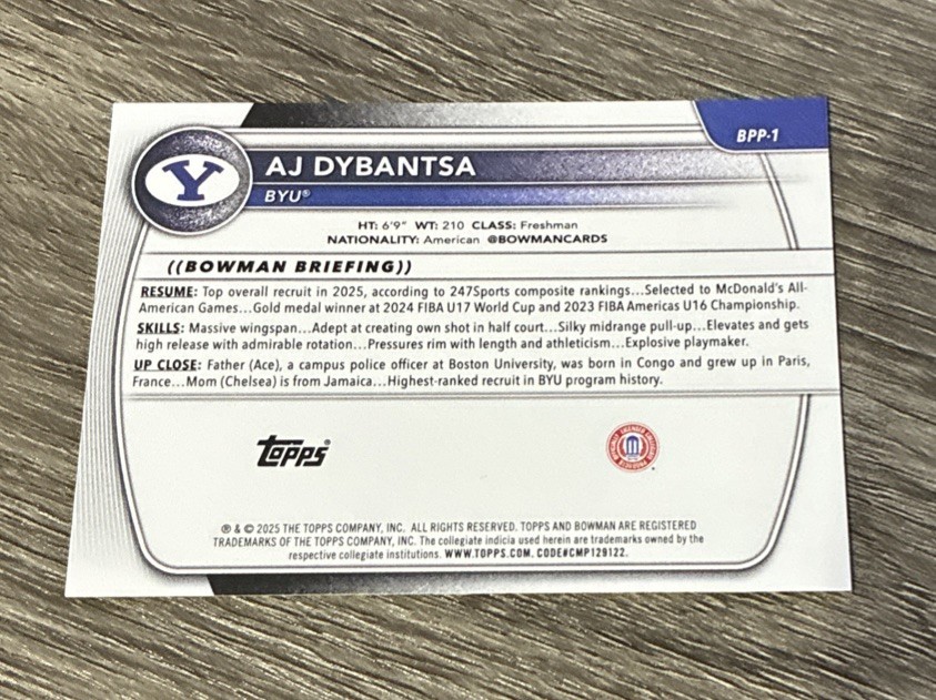 Topps 2025 Bowman U Now AJ Dybantsa BPP-1 1st Bowman Prospects BYU Cougars