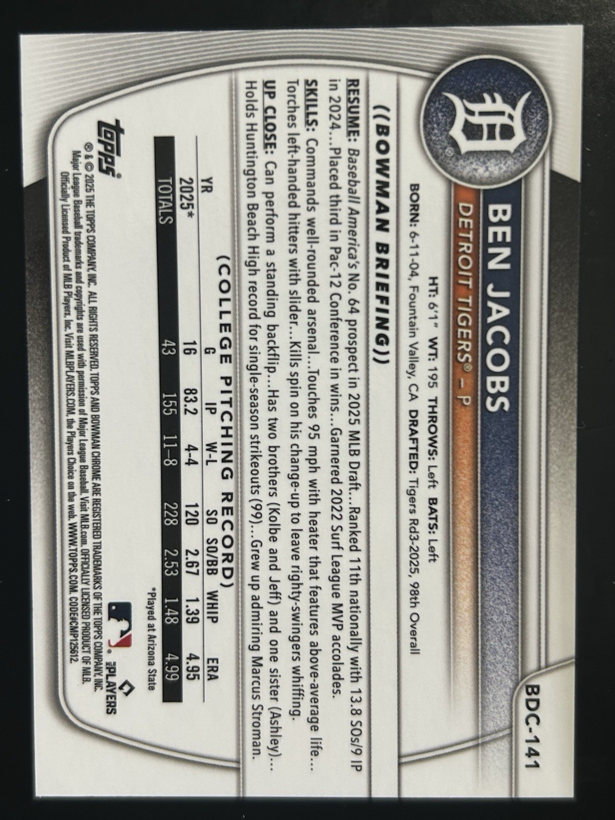 2025 Bowman Draft Sapphire Ben Jacobs 1st Sapphire Base Tigers #BDC-141