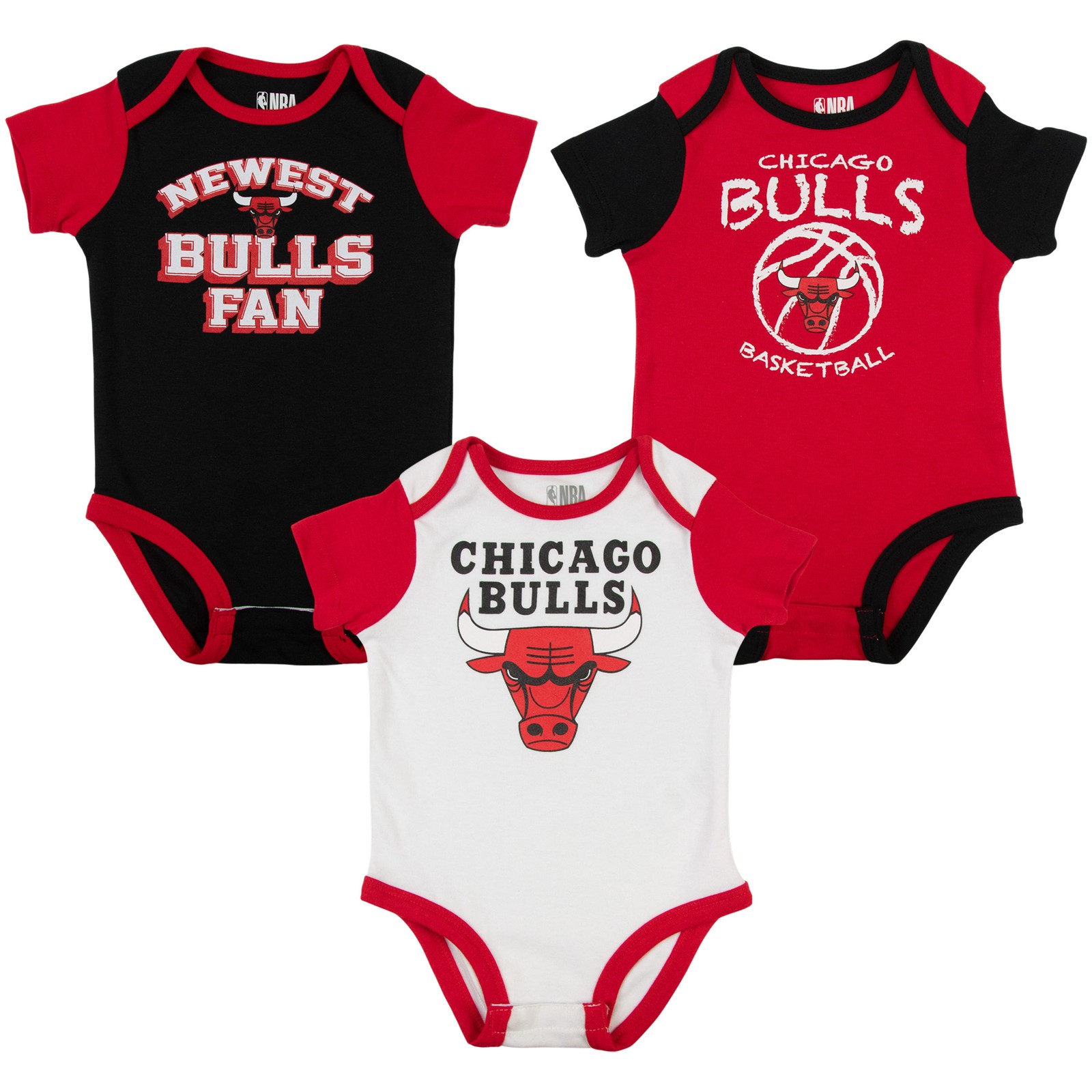 NBA Chicago Bulls Infant Boys 3pk Bodysuit Set in Red/Black, 3-6 Months