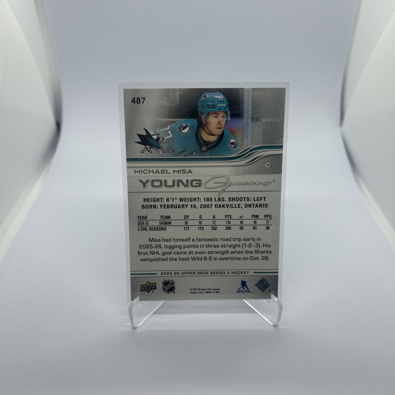 2025-26 Upper Deck Series 2 Michael Misa Young Guns #487 Rookie San Jose Sharks