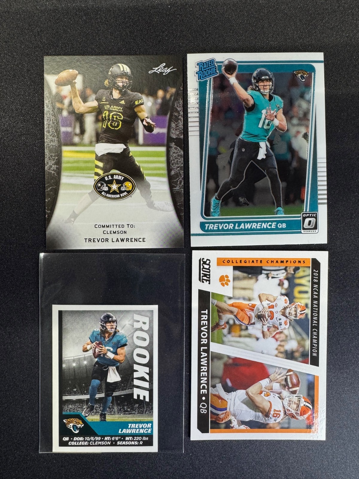(4) Trevor Lawrence RC Leaf Army Score Optic Rated Rookie Sticker & Card Jaguars