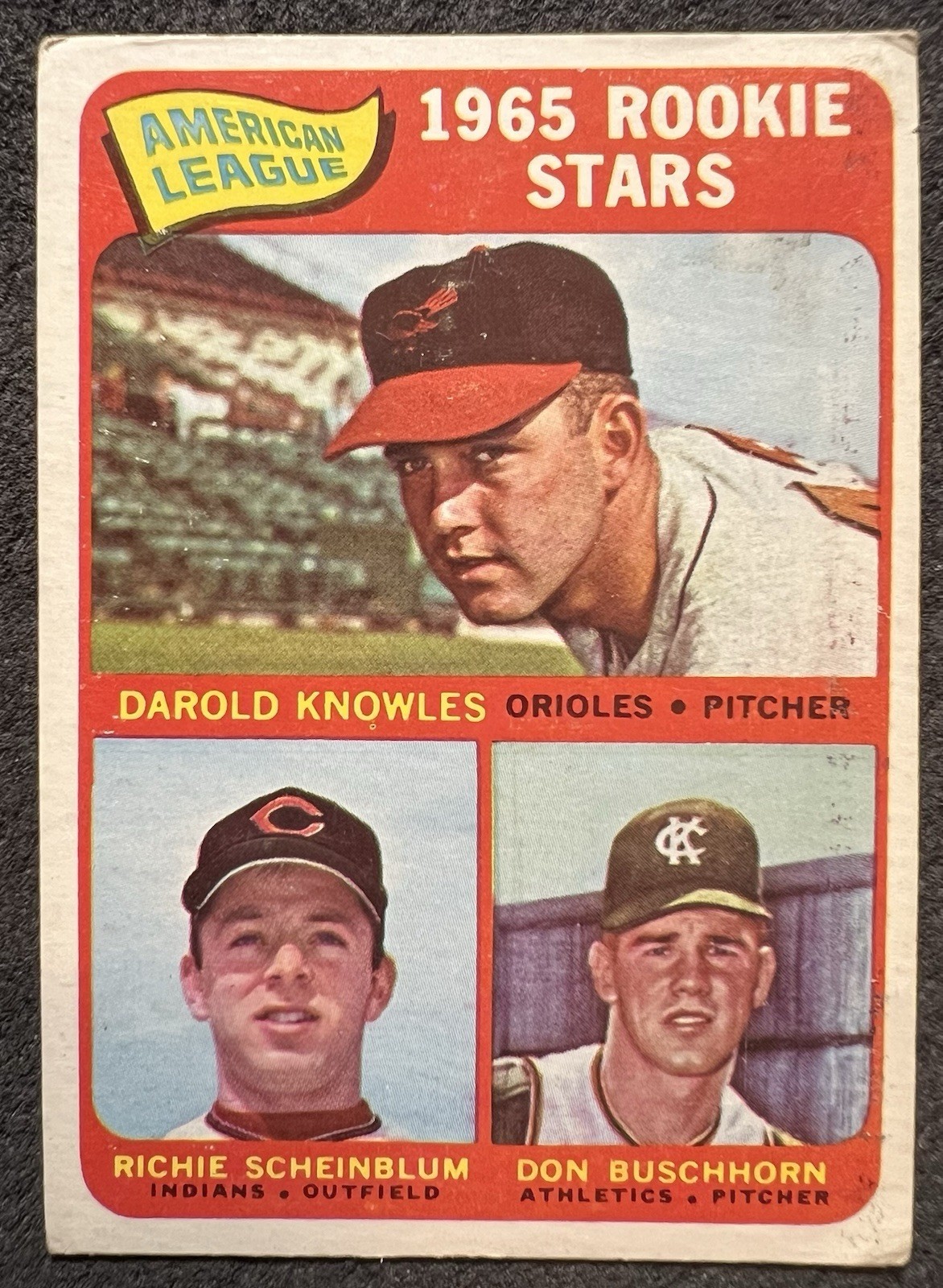 1965 TOPPS HIGH NUMBER AL ROOKIE STARS KNOWLES/SCHEINBLUM/BUSCHHORN #577 STAIN