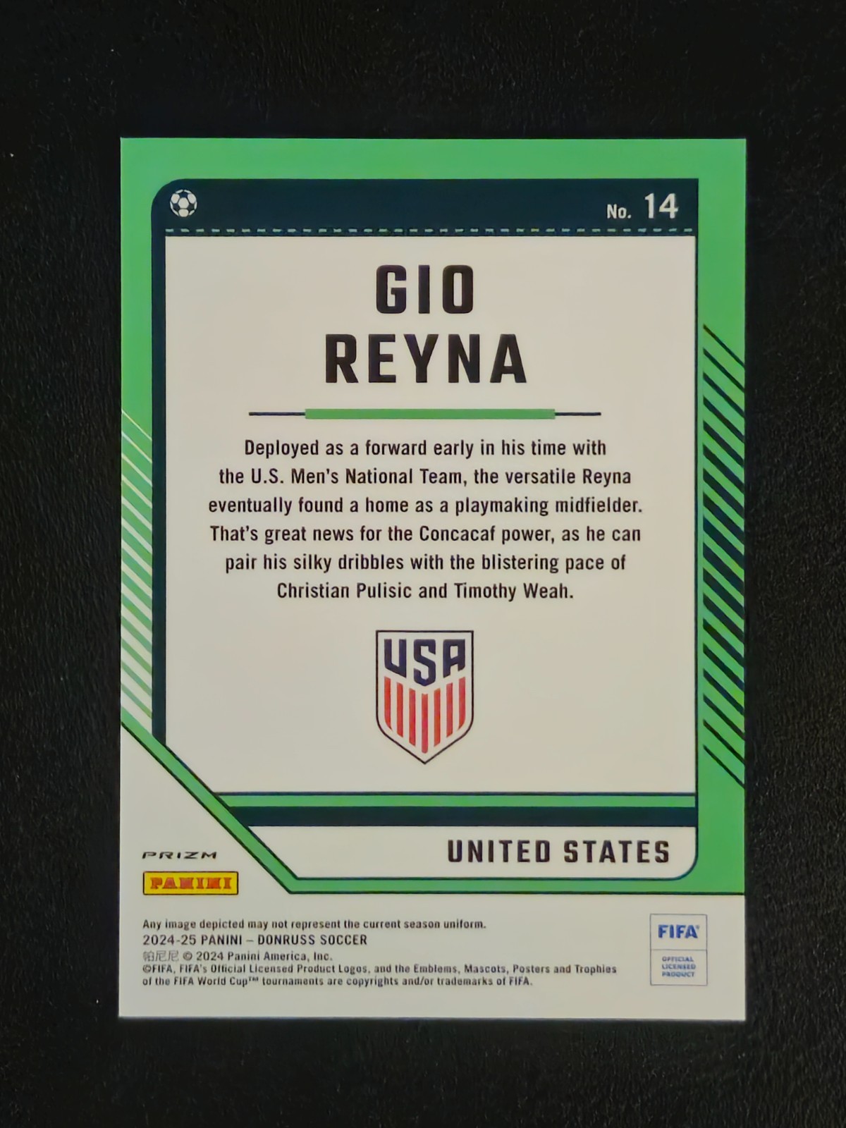 Gio Reyna 2024-25 Panini Donruss Soccer #14 Optic Argyle Prizm USMNT SP