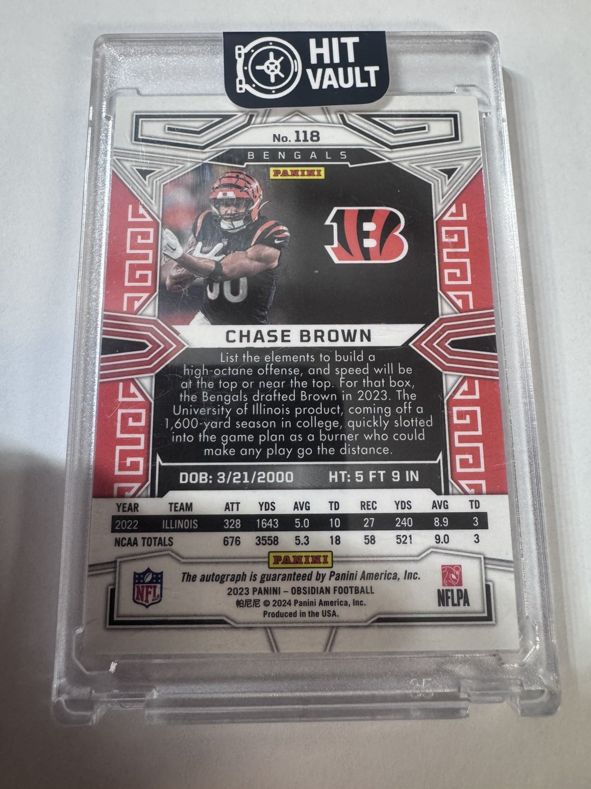 2023 Panini Obsidian – Chase Brown #118 Signatures (AU, RC)