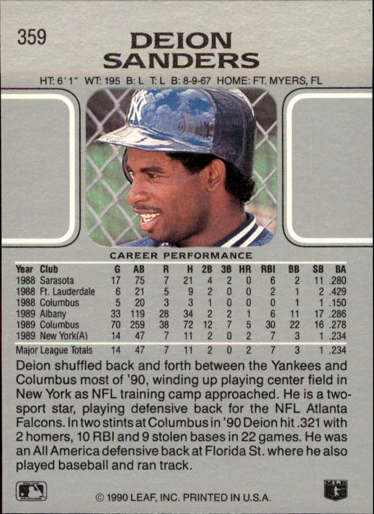 1990 Leaf Baseball Card #359 Deion Sanders