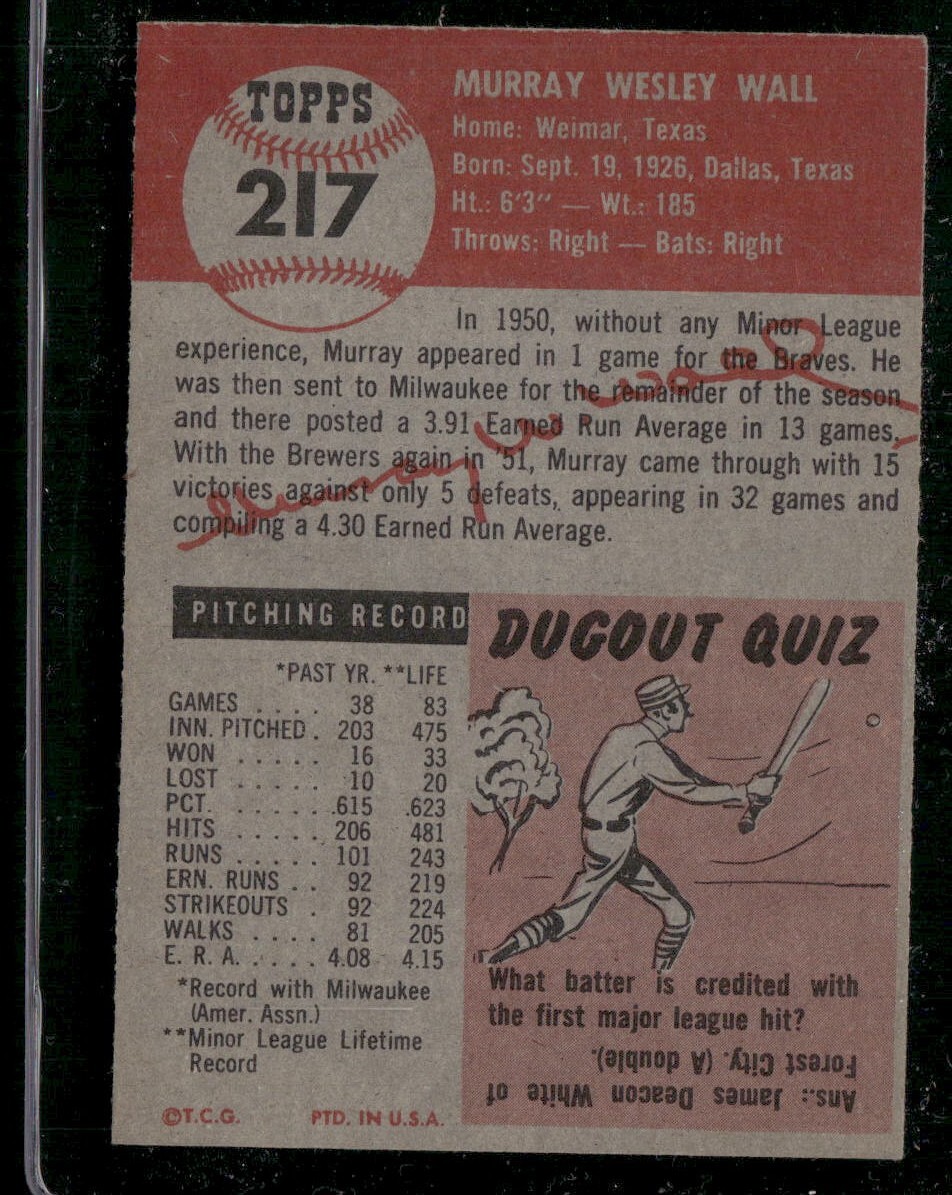 CLEAN EX+/- MURRAY WALL 1953 TOPPS #217 VINTAGE SOLID UNCREASED SHARP TPHLC-1243