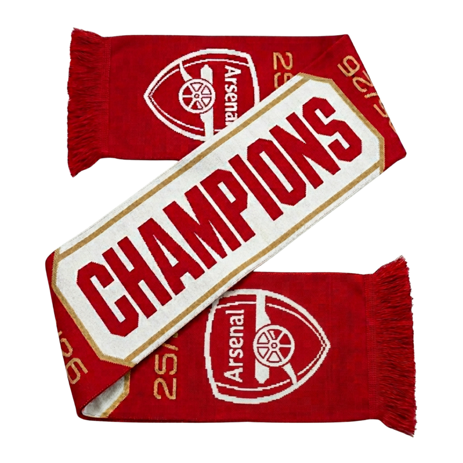 Official Arsenal FC EPL Champions 2025/26 Soccer Scarf Red White Gold Knit Fring