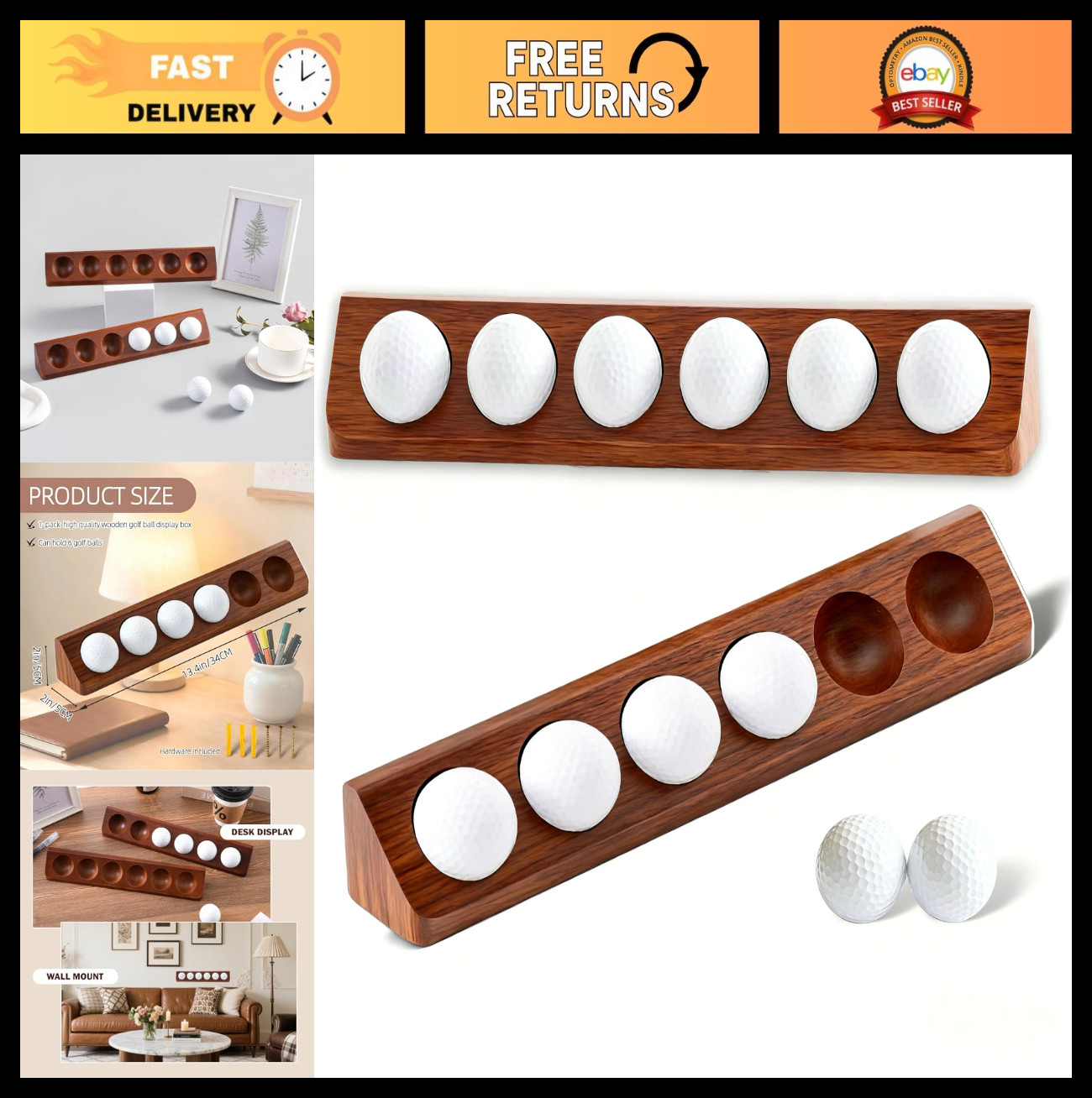2-Pack Wooden Golf Ball Display Case & Holder – Wall Mount/Tabletop, Ideal for C