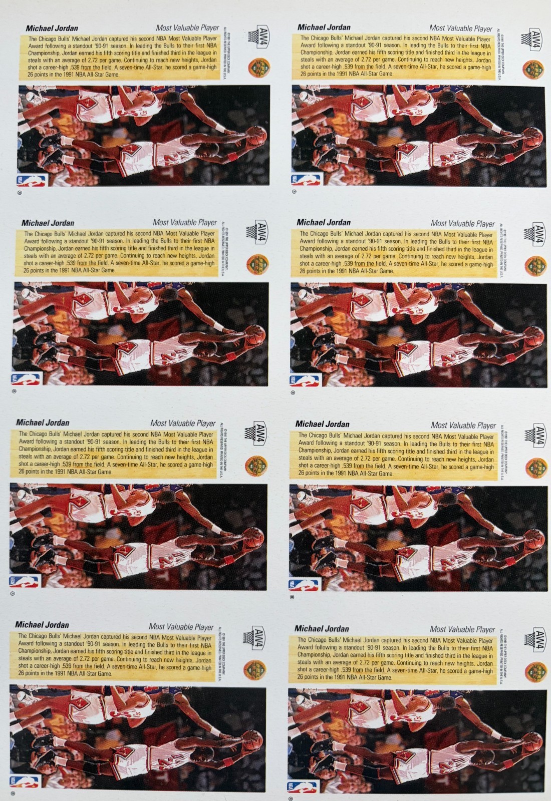 Upper Deck 1991 Michael Jordan MVP AW4 Hologram Cards Uncut Card Sheet RARE!
