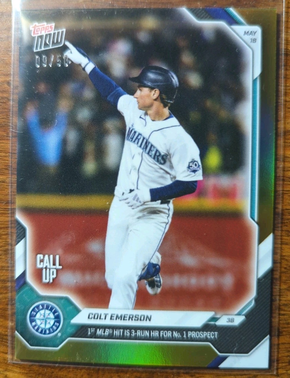 Colt Emerson 2026 Topps Now MLB Call Up 1st Hit #219 Gold Parallel 9/50 Seattle