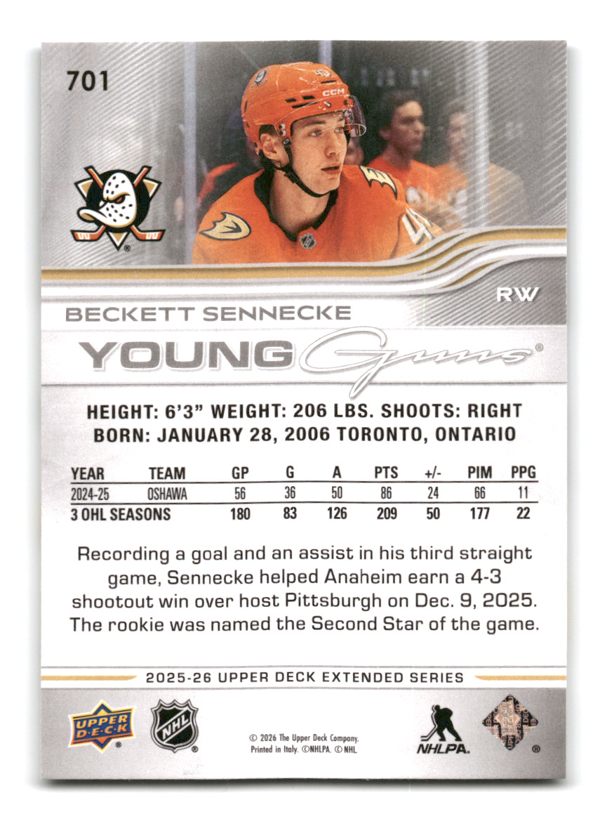 2025-26 Upper Deck Extended – Beckett Sennecke Young Guns RC #701