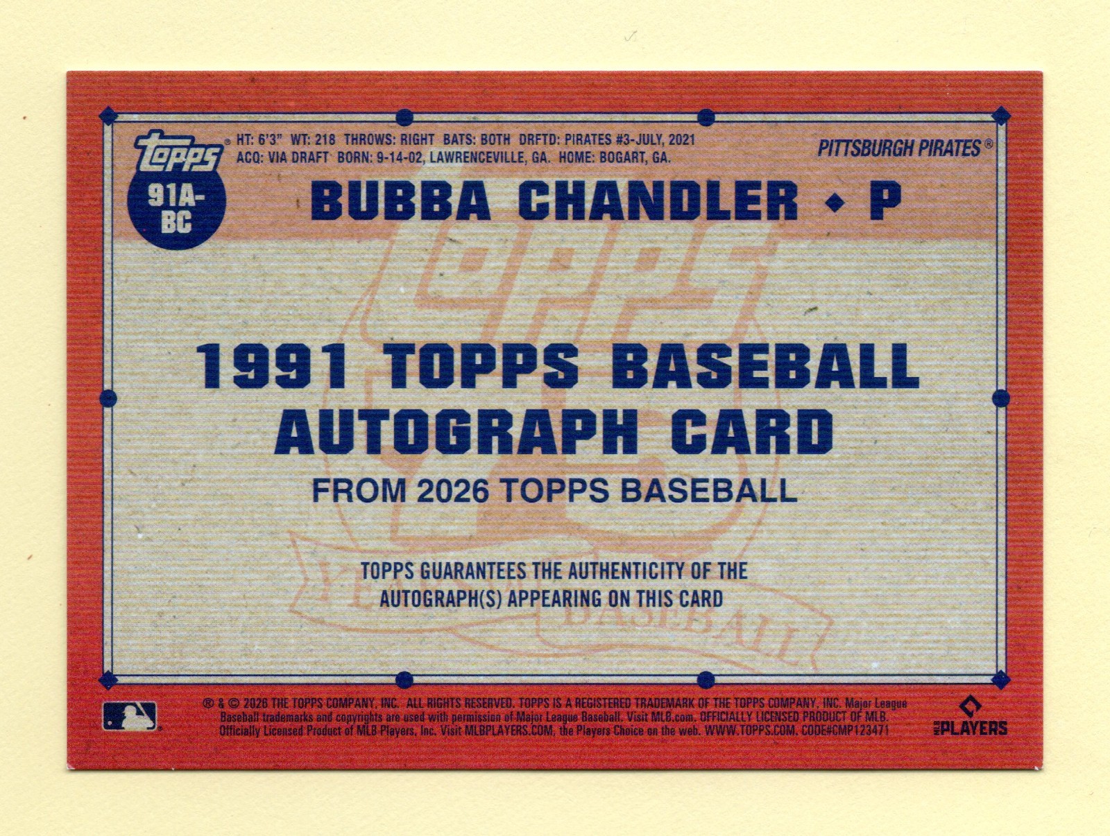 2026 Topps 1991 THROWBACK Bubba Chandler RC ON-CARD AUTOGRAPH – PIRATES