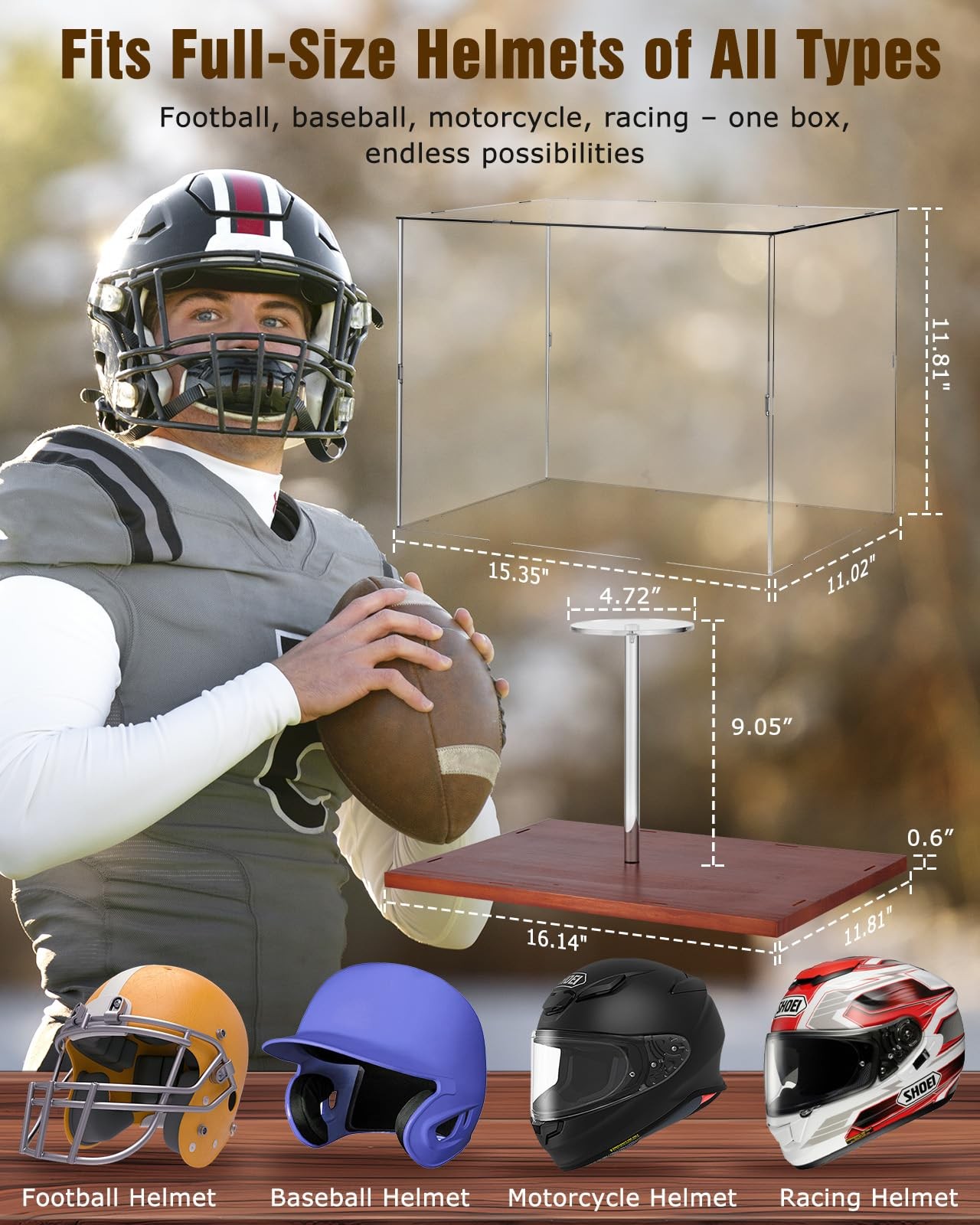 Full Size Football Helmet Display Case – 15.4×11×11.8in Interior, 100% Wooden…