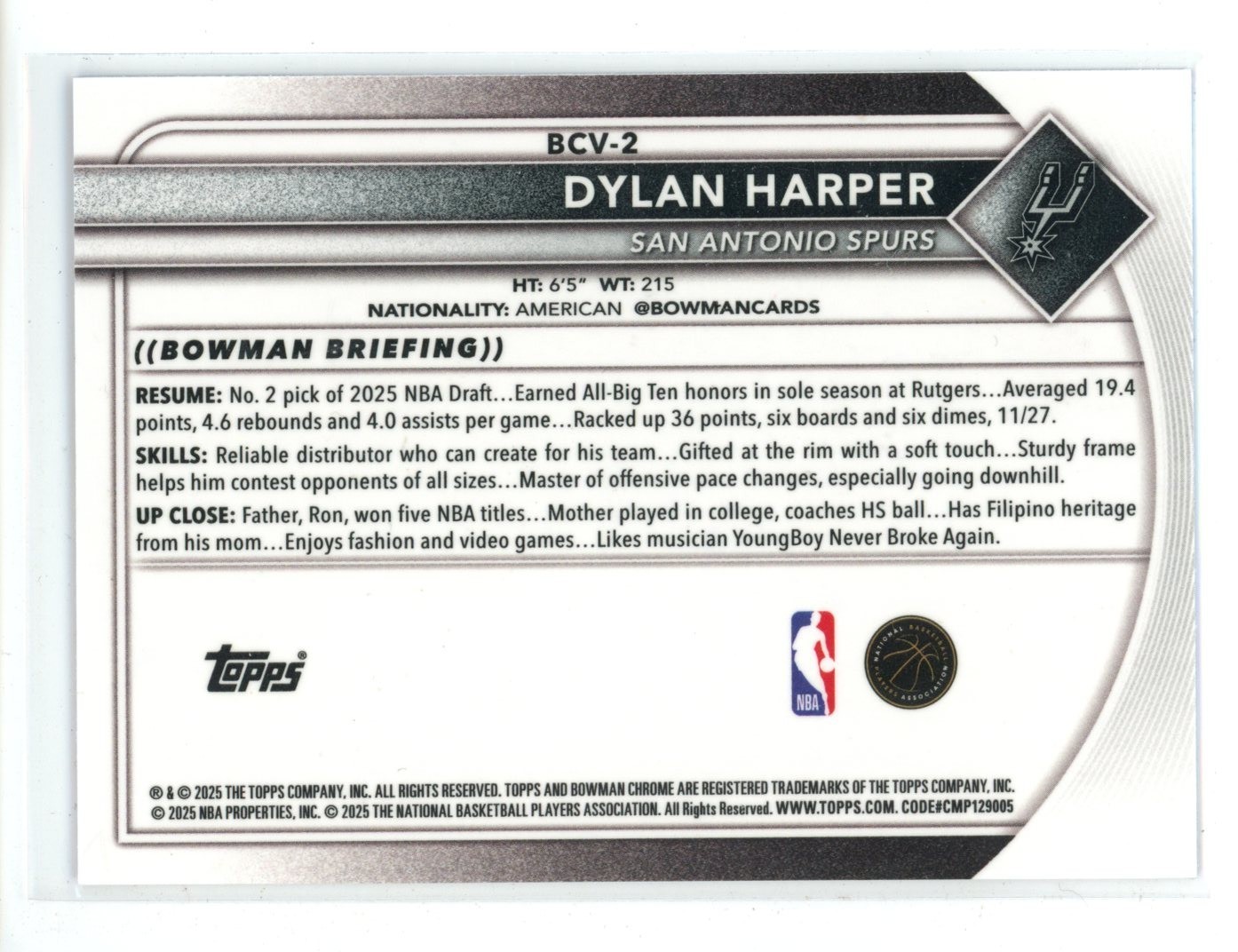 2025 Bowman Sapphire Dylan Harper Chrome RC Rookie #BCV-2 Spurs