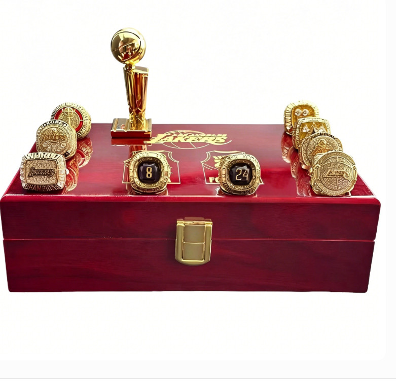 9 Pcs Los Angeles Lakers Championship Rings Trophy Set Wooden Box , Kobe Bryant/